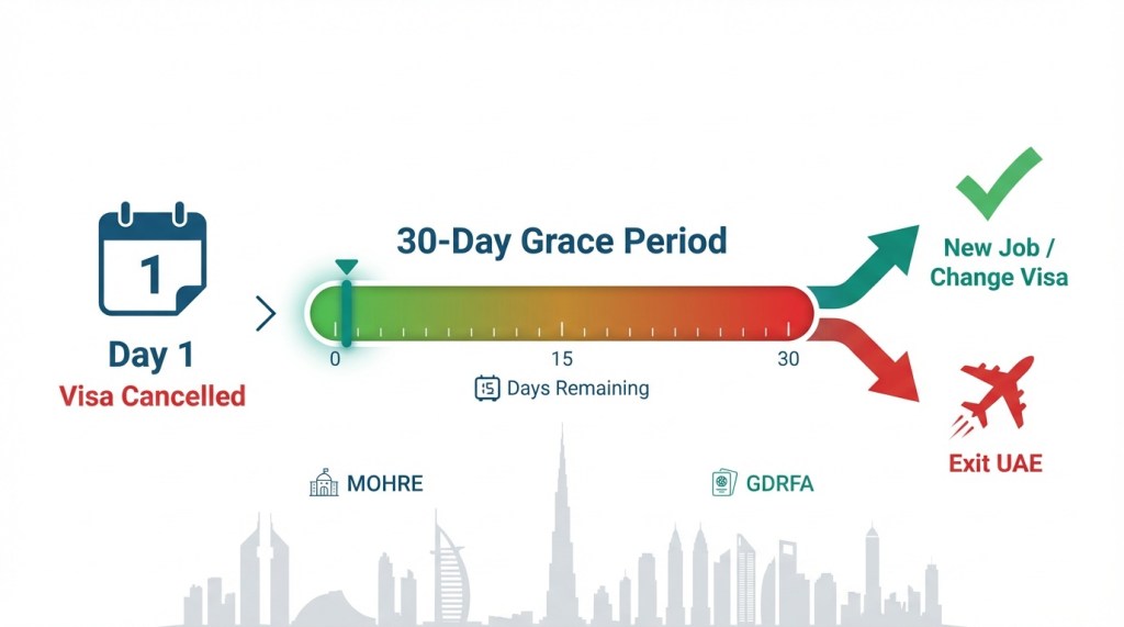 UAE work visa cancellation 30-day grace period timeline infographic showing options to find new employment or exit the country