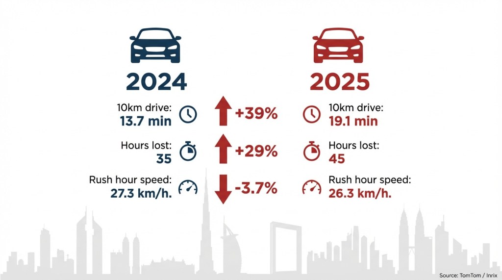 Dubai traffic statistics comparison 2024 vs 2025 showing 39% increase in average 10km drive time from 13.7 to 19.1 minutes