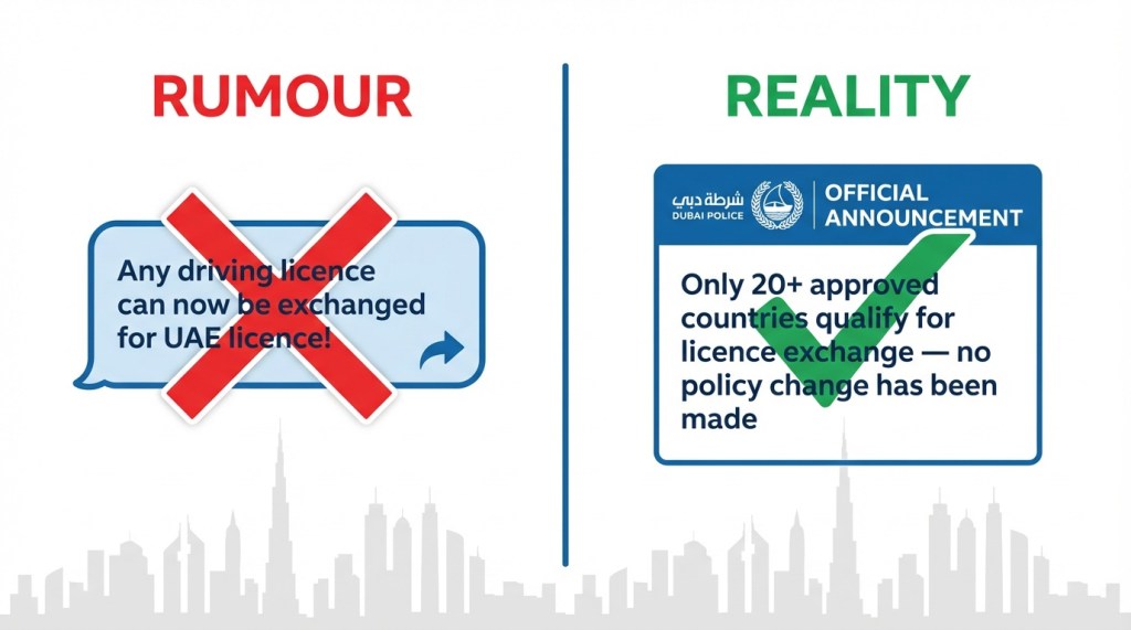 Comparison graphic showing the false social media rumour versus the official Dubai Police confirmation about driving licence exchange