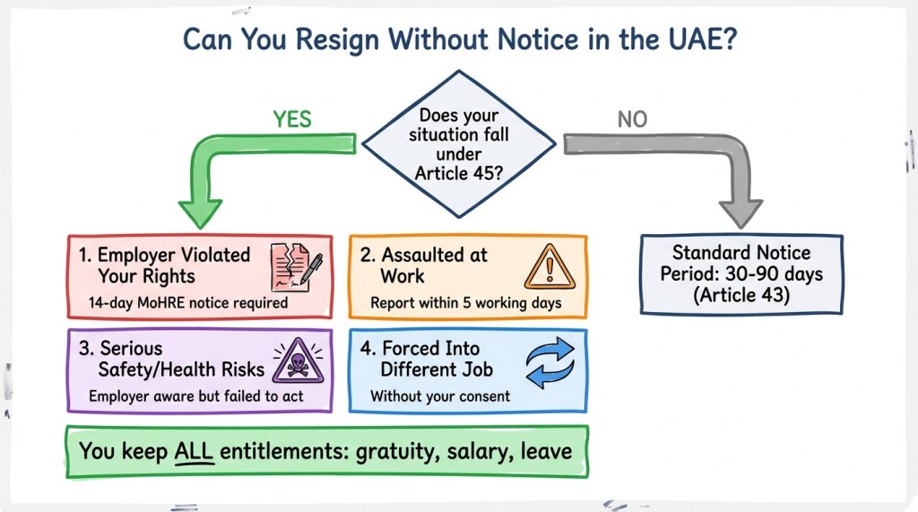 Whiteboard flowchart showing four situations where UAE employees can resign without notice under Article 45 of the Labour Law
