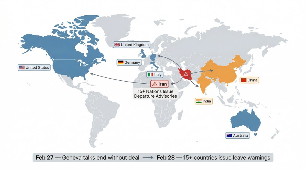 Timeline showing escalation from nuclear talks failure to 15 countries issuing Iran departure warnings in February 2026