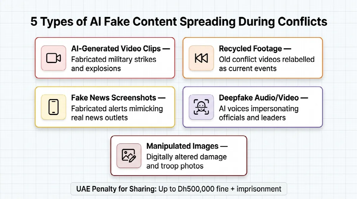 Five types of AI-generated fake content spreading during the Middle East conflict including fabricated videos recycled footage and deepfakes