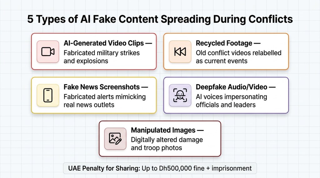Five types of AI-generated fake content spreading during the Middle East conflict including fabricated videos recycled footage and deepfakes