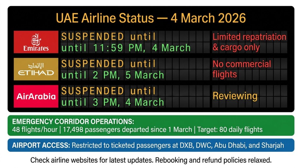 Airport-style status board showing Emirates Etihad and Air Arabia suspension times during Iran conflict with emergency corridor operations data