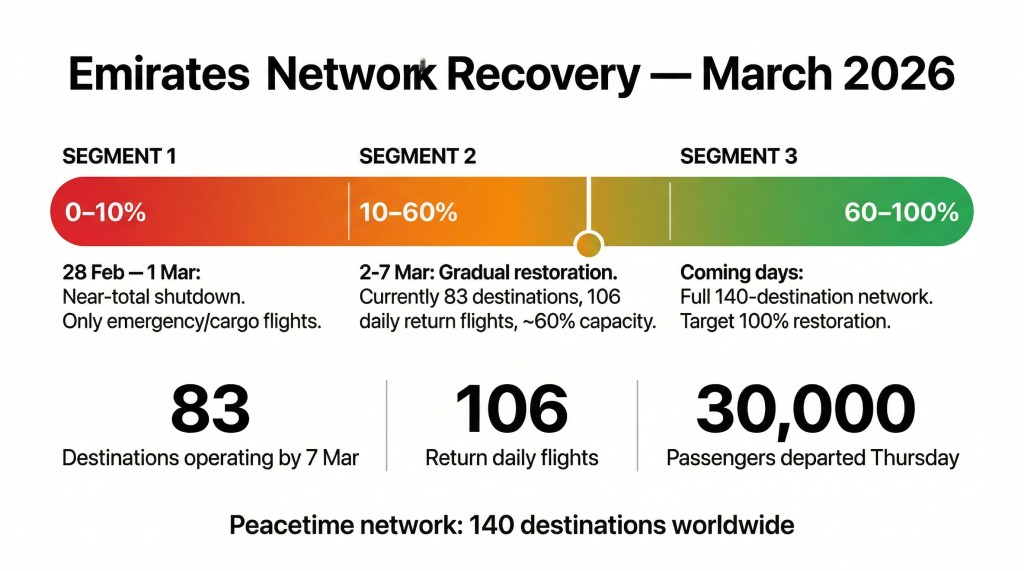 Emirates flight network recovery progress bar showing 60 percent restoration to 83 of 140 destinations by March 7 2026