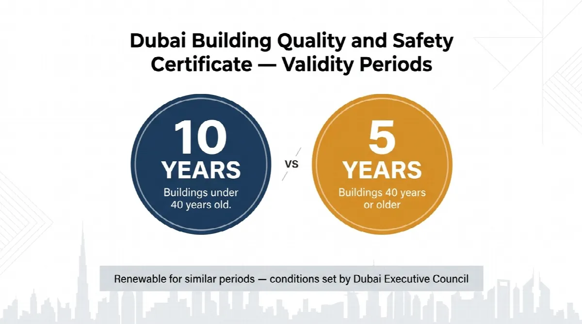 Infographic showing Dubai Quality and Safety Certificate validity periods — 10 years for newer buildings and 5 years for buildings over 40 years old