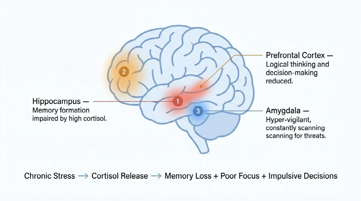 Scientific illustration showing how wartime stress and cortisol affect three brain regions responsible for memory, logical thinking, and threat detection