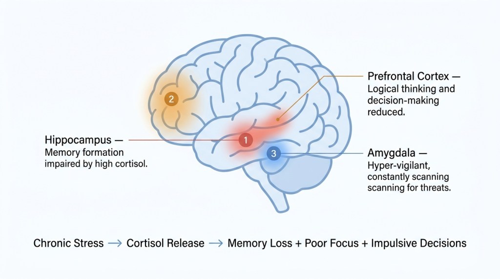 Scientific illustration showing how wartime stress and cortisol affect three brain regions responsible for memory, logical thinking, and threat detection