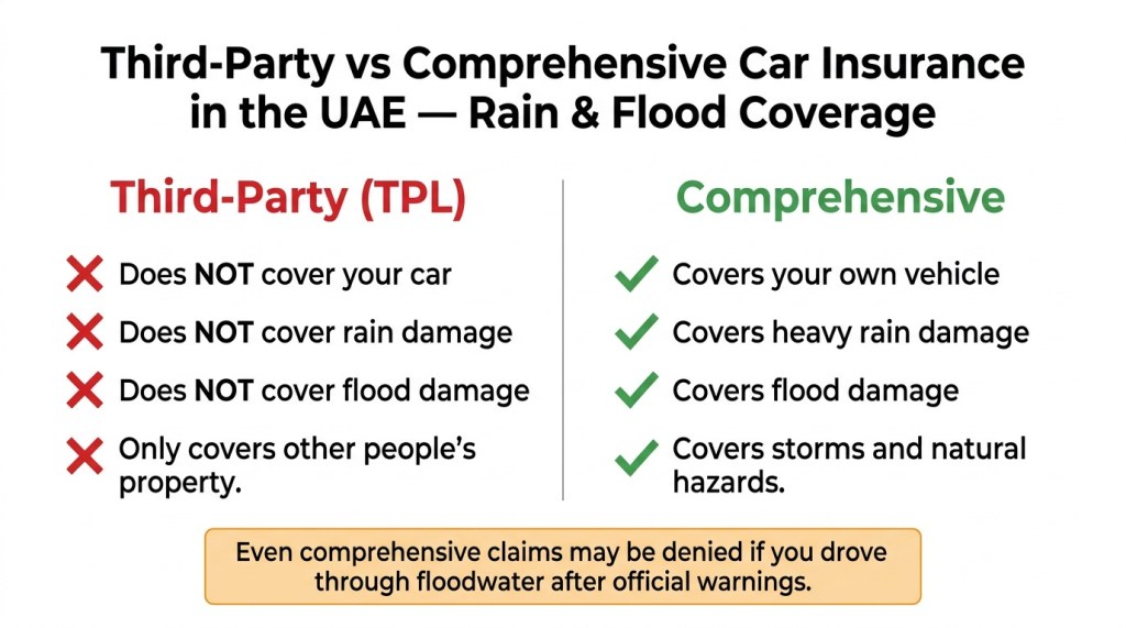 Comparison graphic showing that third-party car insurance does not cover rain or flood damage in the UAE while comprehensive insurance does with conditions