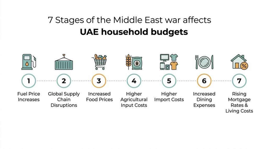 Infographic timeline showing 7 stages of how the Middle East war affects UAE household expenses from fuel to borrowing costs
