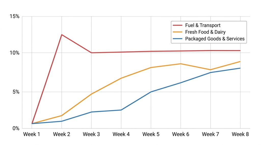 Chart showing how UAE fuel, food and goods prices rise at different speeds after shipping disruptions caused by war