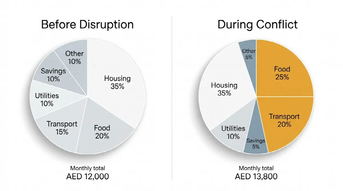 Comparison of UAE household budget breakdown before and during Middle East conflict showing increased food and transport costs