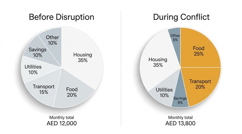 Comparison of UAE household budget breakdown before and during Middle East conflict showing increased food and transport costs