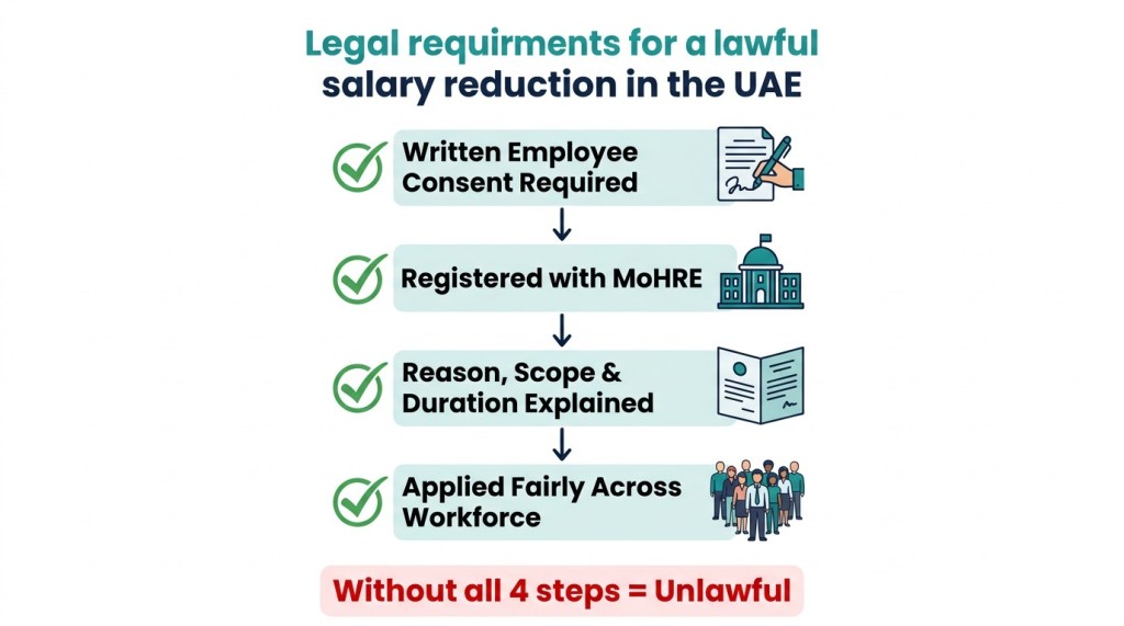 Infographic showing 4 legal requirements for a lawful salary reduction in the UAE under labour law