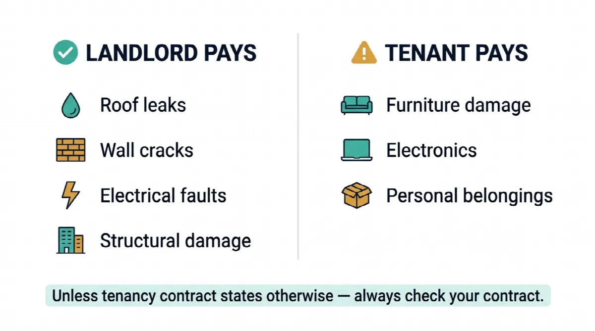 Infographic showing landlord versus tenant responsibility for rain damage repairs in Dubai rental properties