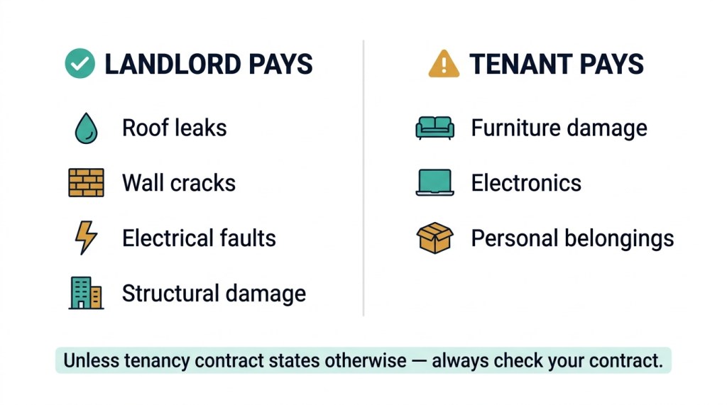 Infographic showing landlord versus tenant responsibility for rain damage repairs in Dubai rental properties