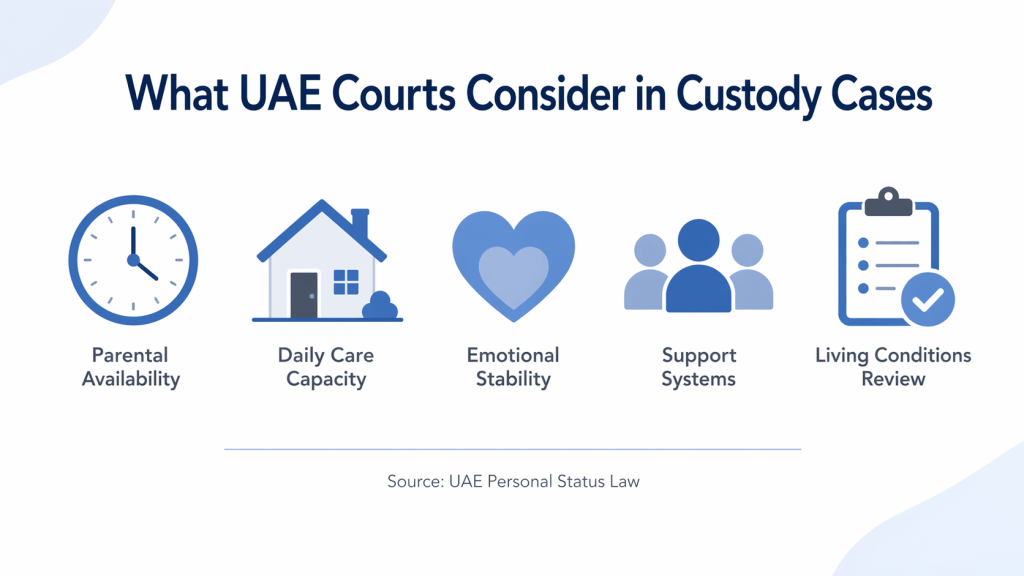 Infographic showing five factors UAE courts consider in child custody cases including parental availability, daily care, emotional stability, support systems, and living conditions