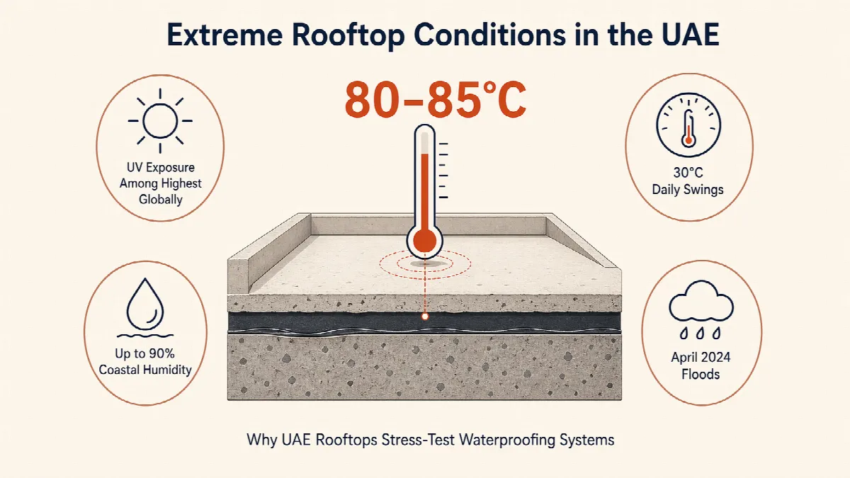 UAE rooftop temperature infographic showing extreme heat stress on waterproofing systems