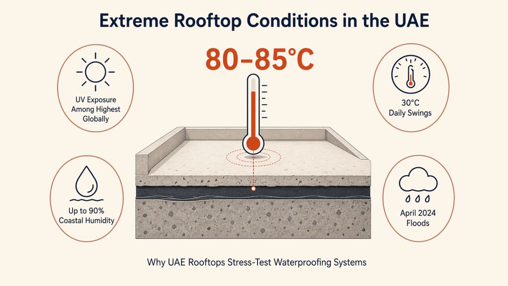 UAE rooftop temperature infographic showing extreme heat stress on waterproofing systems