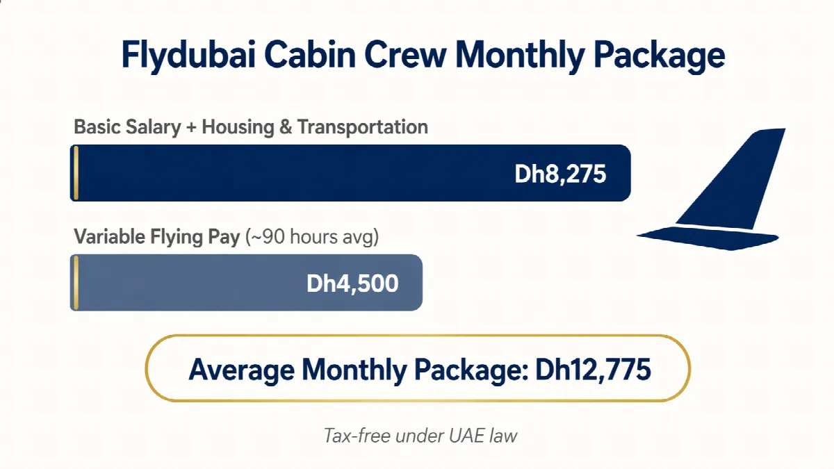 Flydubai cabin crew monthly salary breakdown infographic showing basic pay and variable flying pay