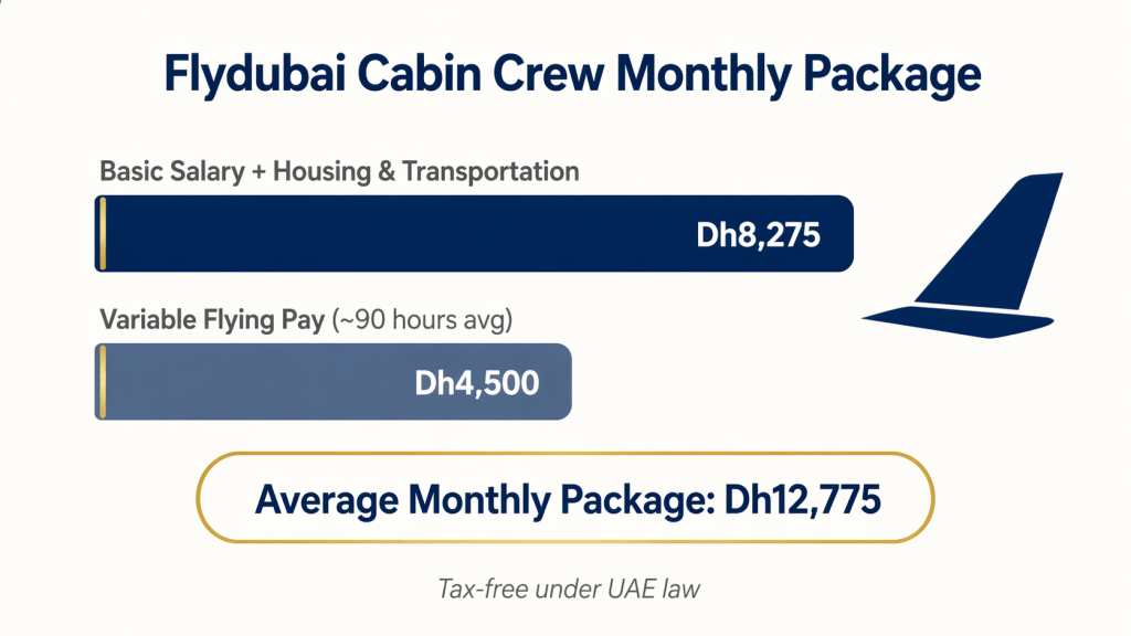 Flydubai cabin crew monthly salary breakdown infographic showing basic pay and variable flying pay