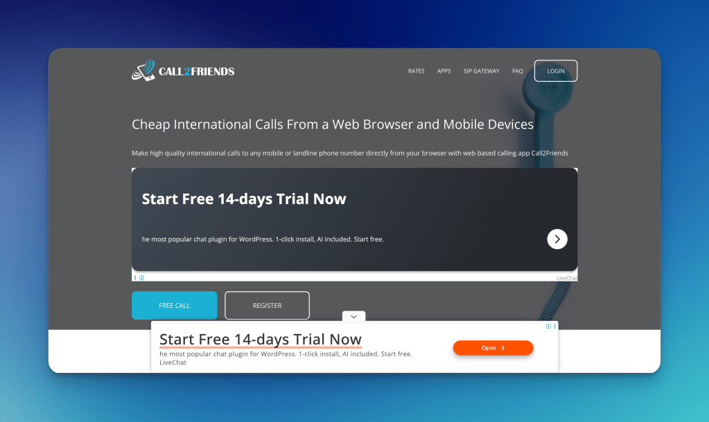 call2friends - lots of spam advertsing on Landing Page