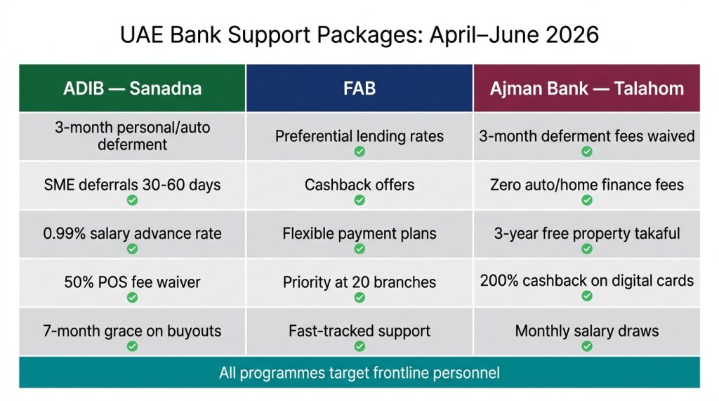 Comparison table showing loan deferment and support packages from ADIB, FAB, and Ajman Bank for frontline workers and SMEs in April to June 2026