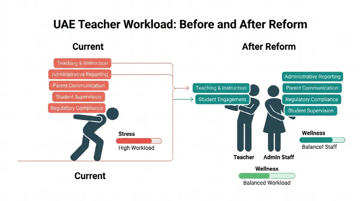 Before and after comparison showing how new UAE school administrative roles will redistribute teacher workload from one overloaded educator to a balanced teacher and admin staff structure