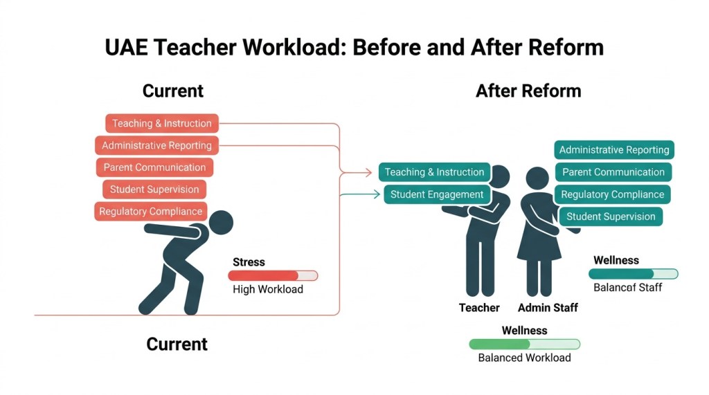Before and after comparison showing how new UAE school administrative roles will redistribute teacher workload from one overloaded educator to a balanced teacher and admin staff structure