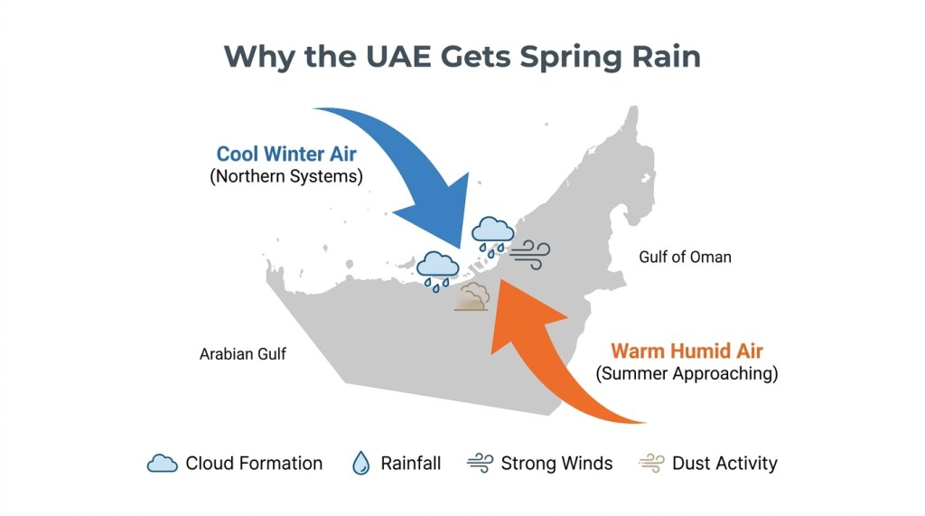Weather diagram showing how cool northern air masses colliding with warm southern air over the UAE causes spring rainfall, wind, and dust activity
