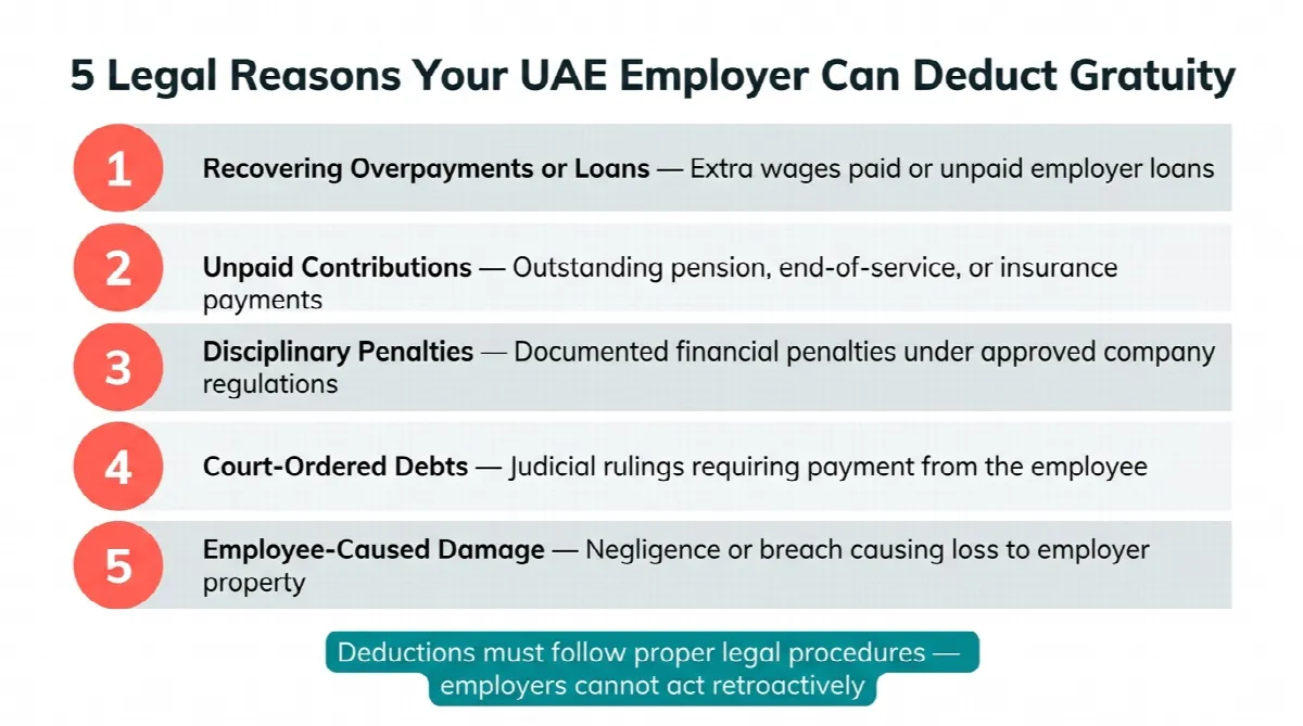Five legal situations where UAE employers can deduct from end-of-service gratuity including overpayments, unpaid contributions, penalties, court orders, and employee-caused damage