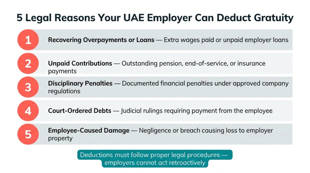 Five legal situations where UAE employers can deduct from end-of-service gratuity including overpayments, unpaid contributions, penalties, court orders, and employee-caused damage