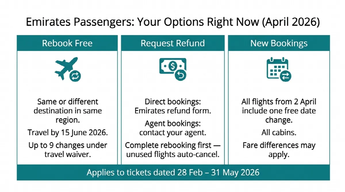 Three-column infographic showing Emirates passenger options including free rebooking, refund requests, and complimentary date changes for April 2026