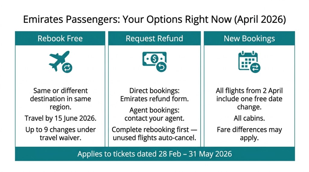 Three-column infographic showing Emirates passenger options including free rebooking, refund requests, and complimentary date changes for April 2026