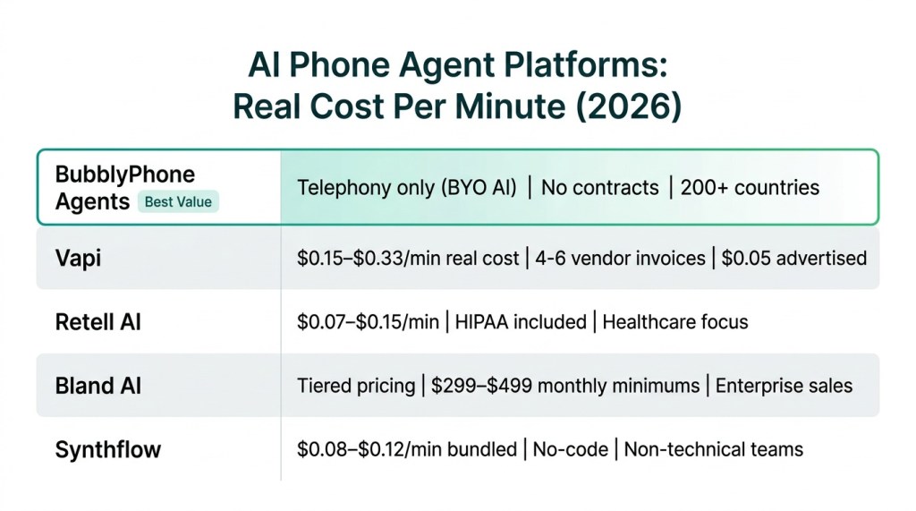 Pricing comparison table of five AI phone agent platforms in 2026 showing BubblyPhone Agents as the most transparent with telephony-only pricing and no contracts