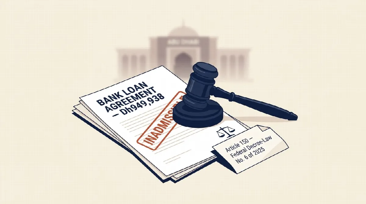 Illustration of an Abu Dhabi courtroom gavel resting on a bank loan agreement marked rejected