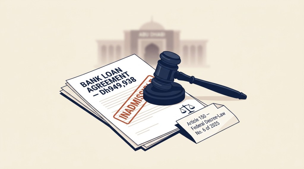 Illustration of an Abu Dhabi courtroom gavel resting on a bank loan agreement marked rejected