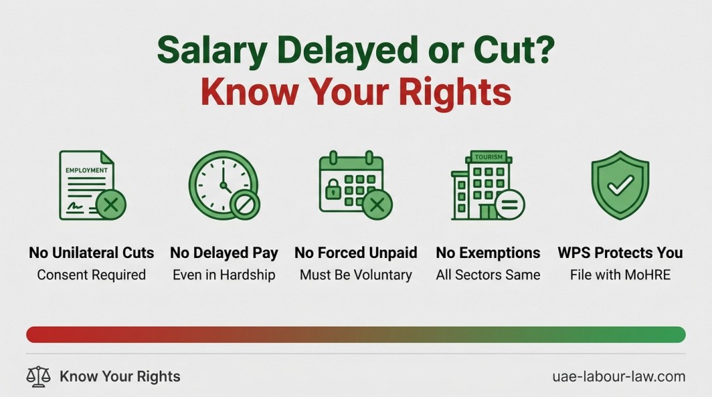 Flowchart showing UAE employee rights when an employer changes salary or leave terms without consent, including steps to file a MOHRE complaint