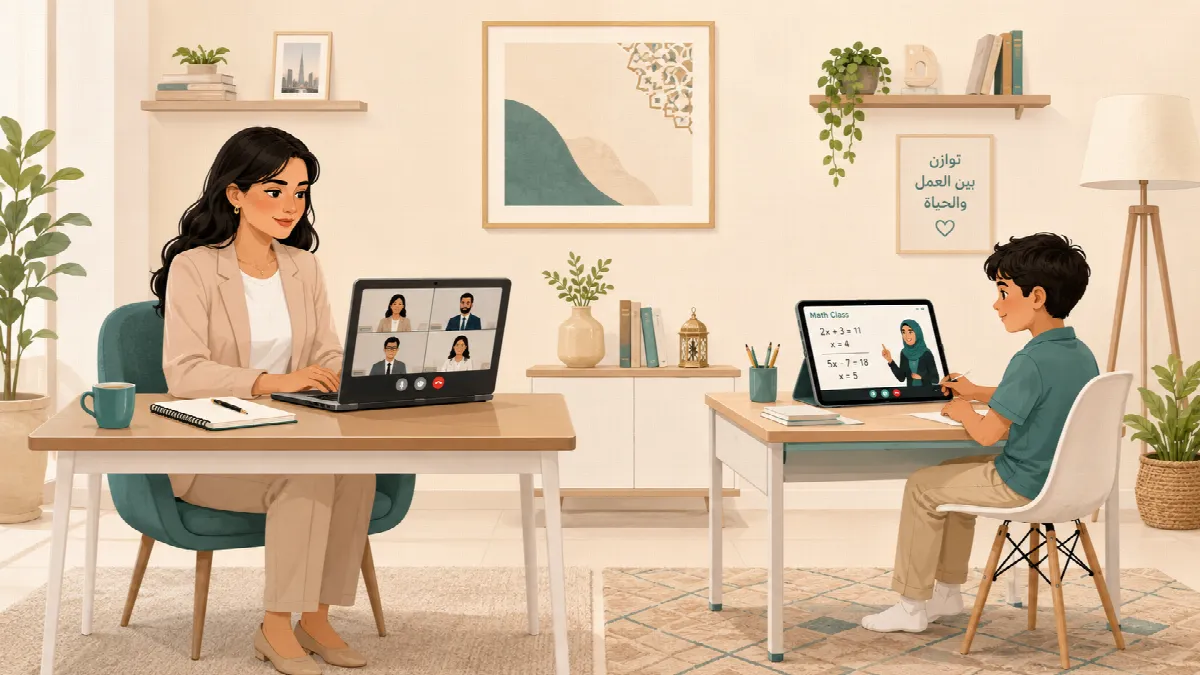 Working parent in UAE balancing laptop work and child doing online schooling at home