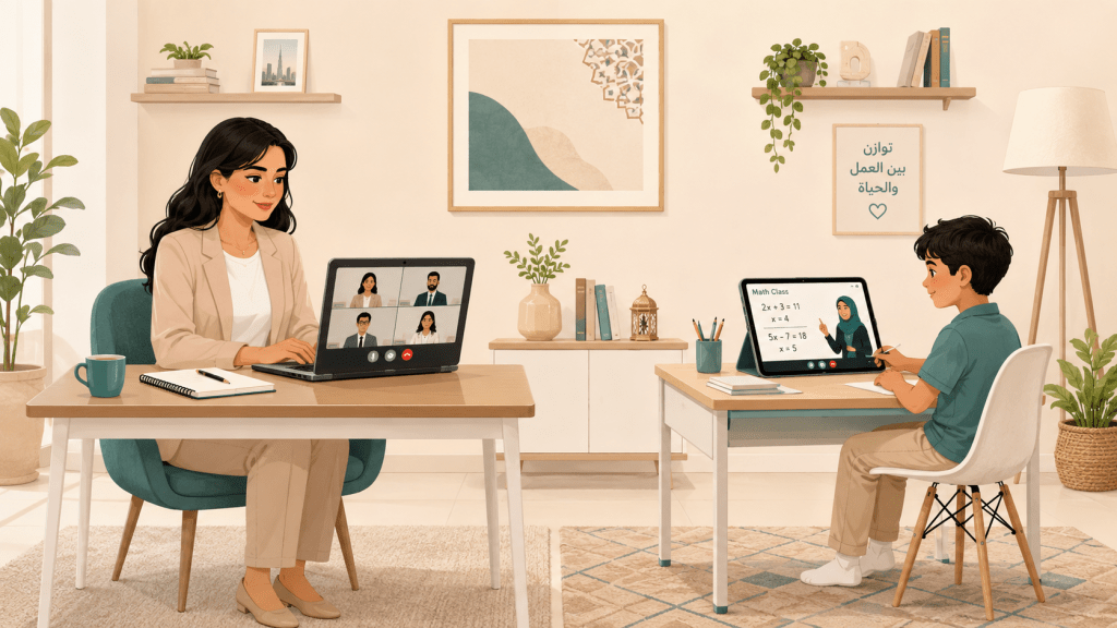 Working parent in UAE balancing laptop work and child doing online schooling at home