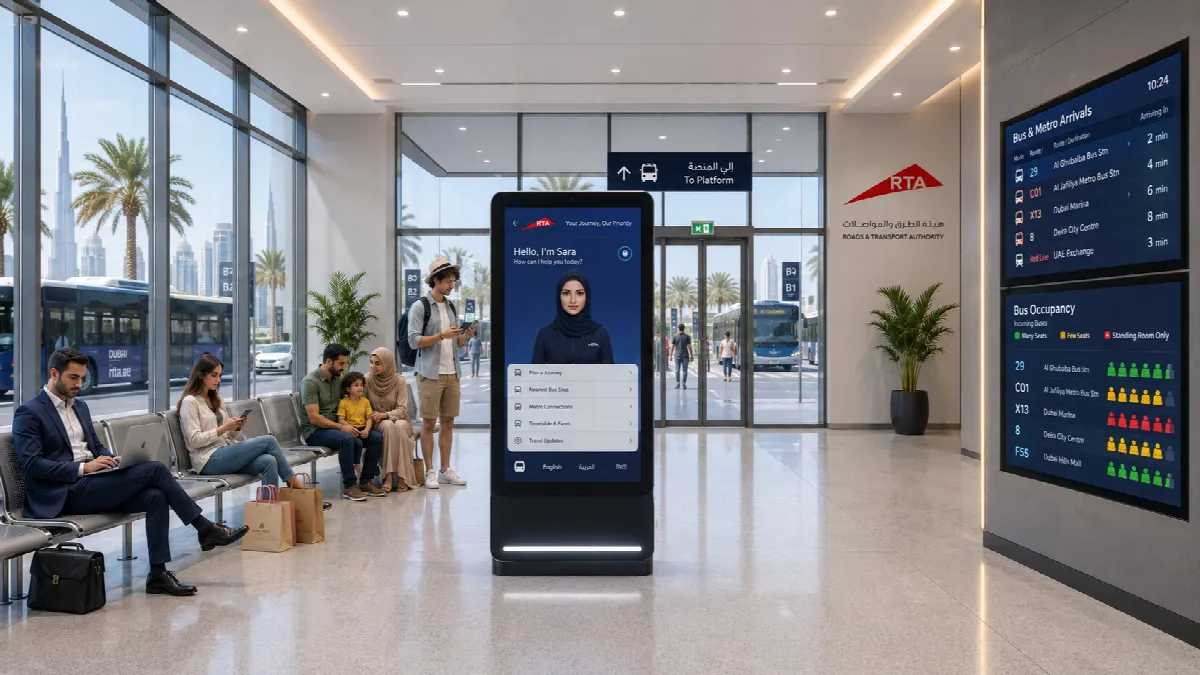 Modern smart bus station interior at Mall of the Emirates with digital displays and passengers