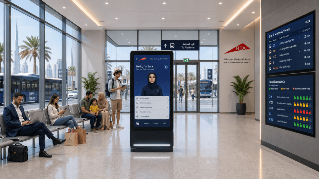 Modern smart bus station interior at Mall of the Emirates with digital displays and passengers