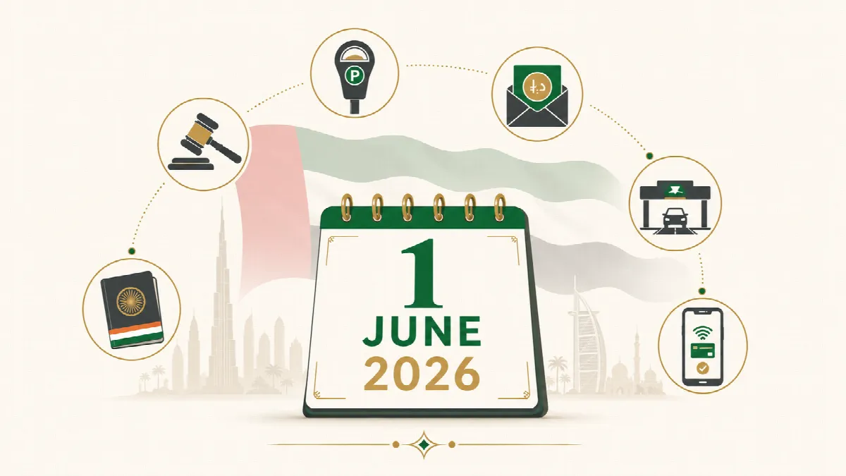 UAE flag with calendar showing 1 June 2026 and six policy change icons