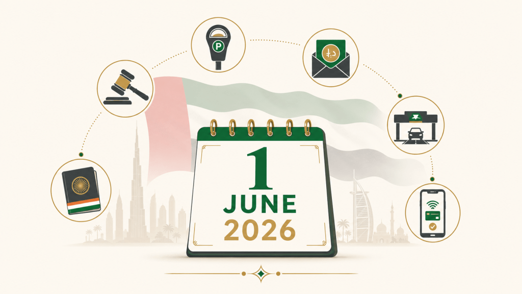 UAE flag with calendar showing 1 June 2026 and six policy change icons