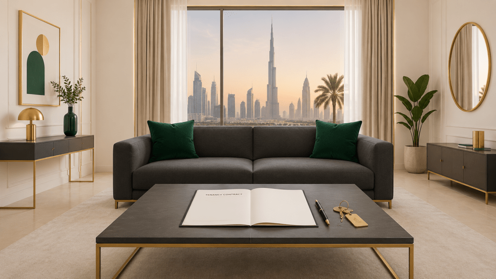 Modern Dubai hotel apartment interior with a lease contract document and a small Dubai skyline illustration