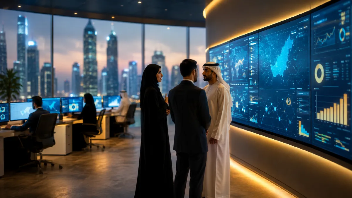 Professionals reviewing data dashboards in a modern UAE government technology centre at dusk.