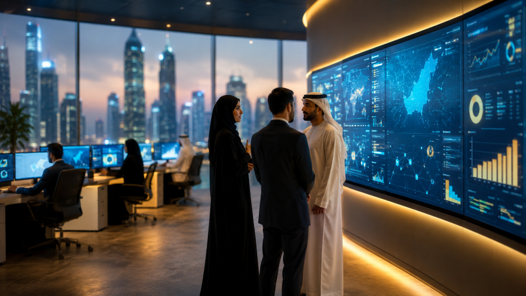 Professionals reviewing data dashboards in a modern UAE government technology centre at dusk.