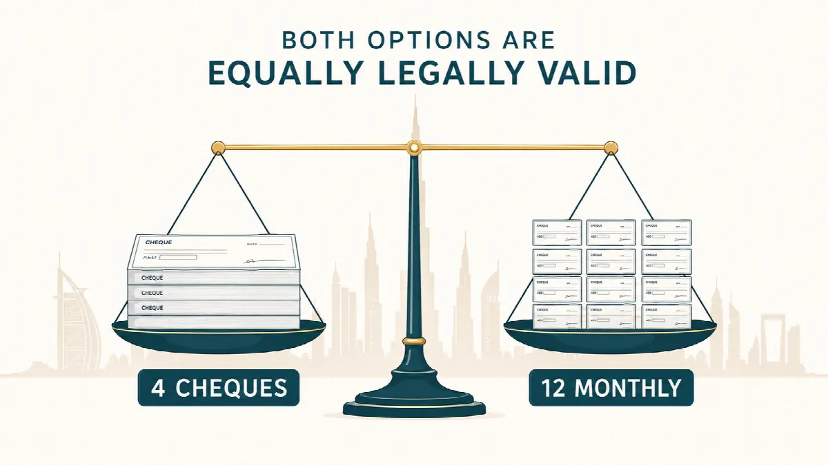 Illustration of a level scale weighing four cheques against twelve monthly rent payments in Dubai.
