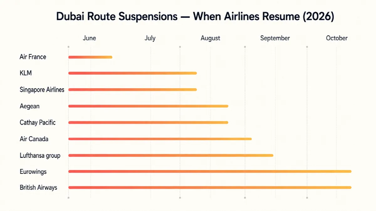 Timeline chart showing when major airlines expect to resume suspended Dubai routes through 2026.