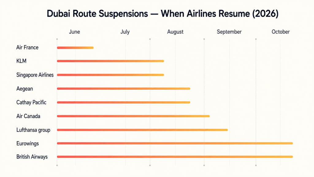 Timeline chart showing when major airlines expect to resume suspended Dubai routes through 2026.